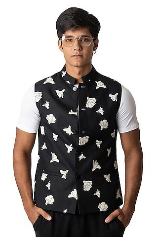 black linen tulip printed bundi jacket