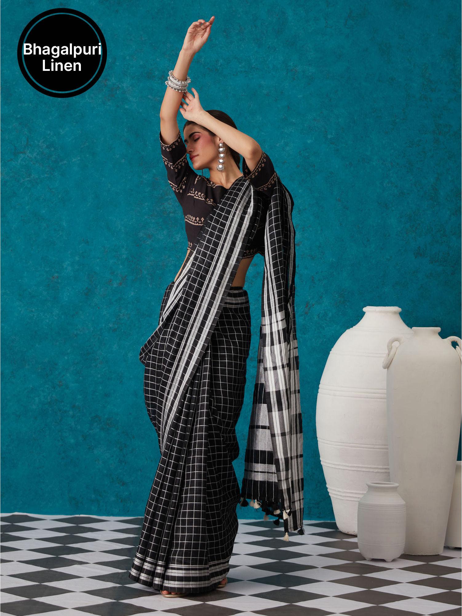 black linen zari blend bhagalpuri saree with unstitched blouse liksar79 (free size)