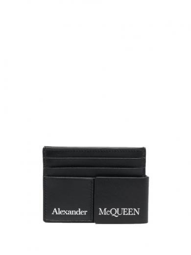 black logo leather credit card case