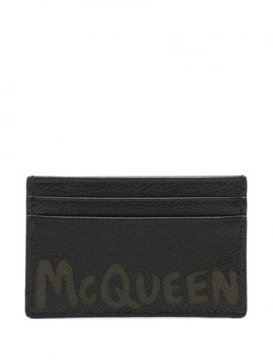 black logo leather credit card case
