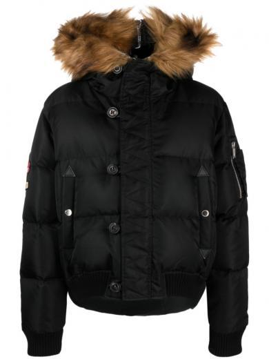 black logo-patch hooded down jacket