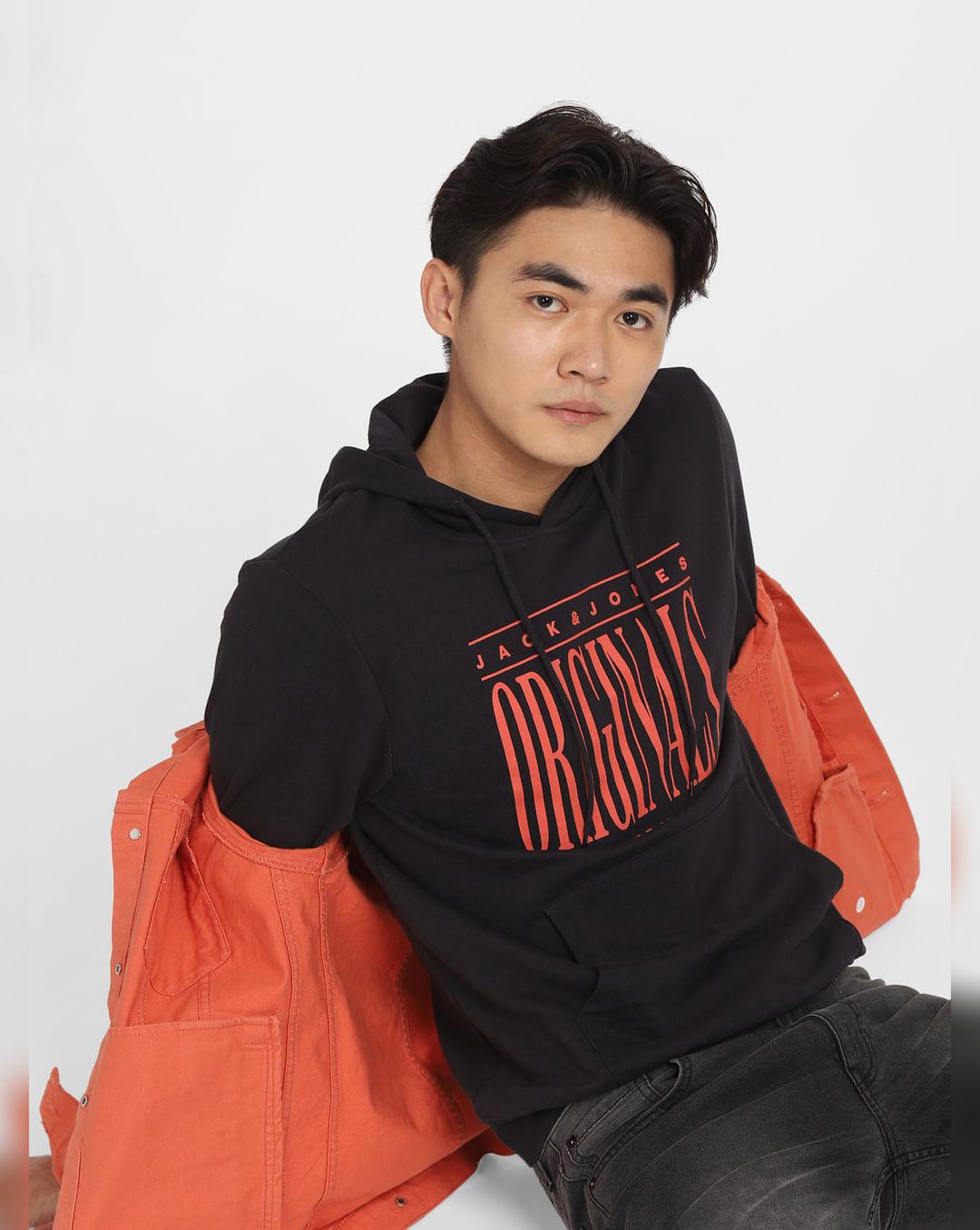 black logo print hooded sweatshirt