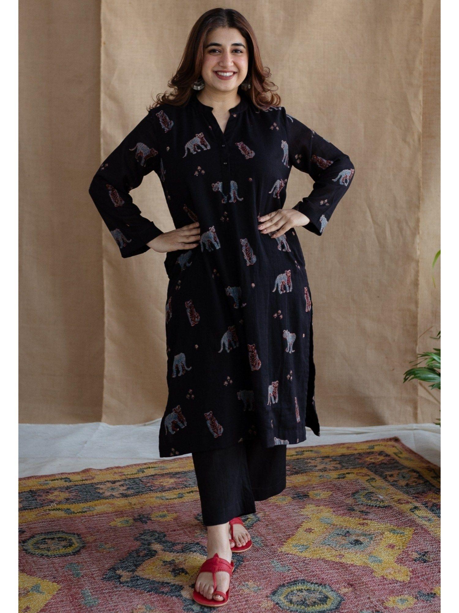 black loose ajrakh cotton printed mandarin neck kurta