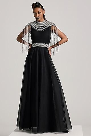 black lurex tulle sequins hand embroidered dress with cape