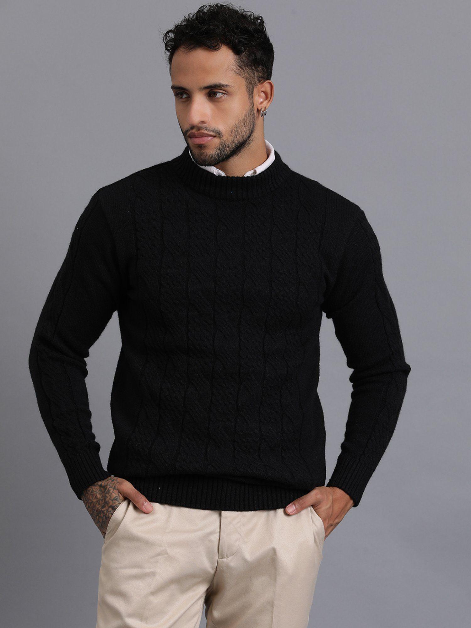 black luxury heavy cable knitted mens wool pullover sweater