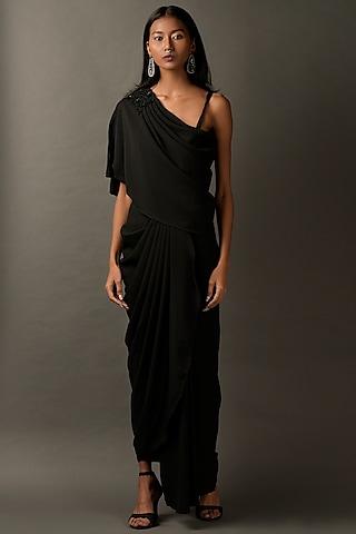 black lycra embroidered draped dress