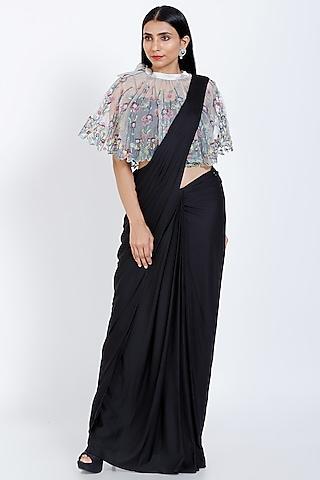 black lycra embroidered draped saree set