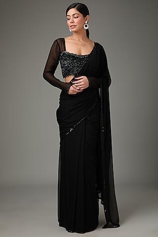 black lycra net embellished saree set