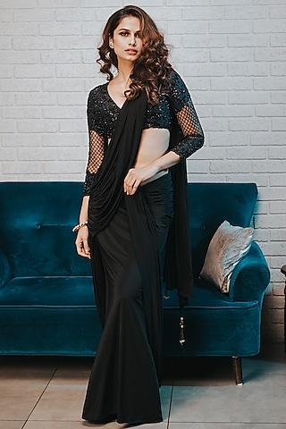 black lycra pre stitched saree set