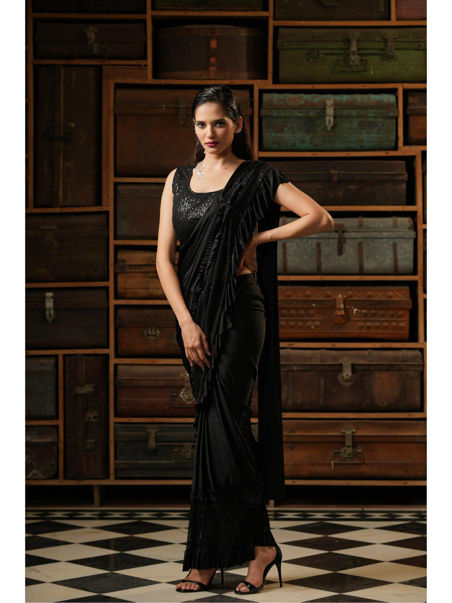 black lycra ready to wear pre draped cocktail sequinned saree with stitched blouse