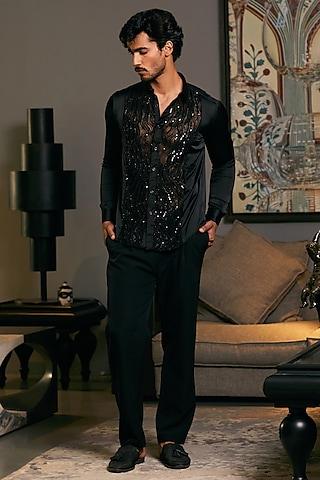 black lycra satin embroidered shirt