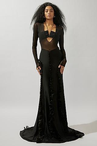 black malai lycra & mesh ruffled gown