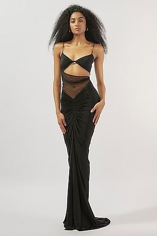 black malai lycra & net ruched gown