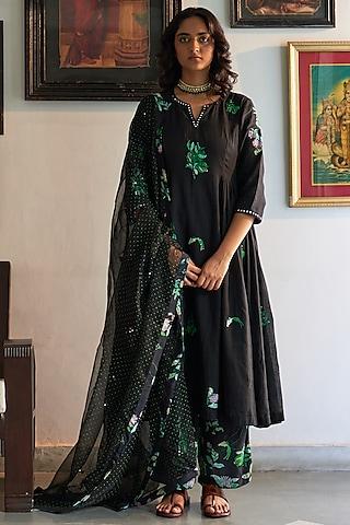 black mangalgiri cotton applique embroidered handwoven kalidar kurta set