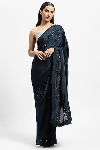 black manmade satin crystal embroidered saree