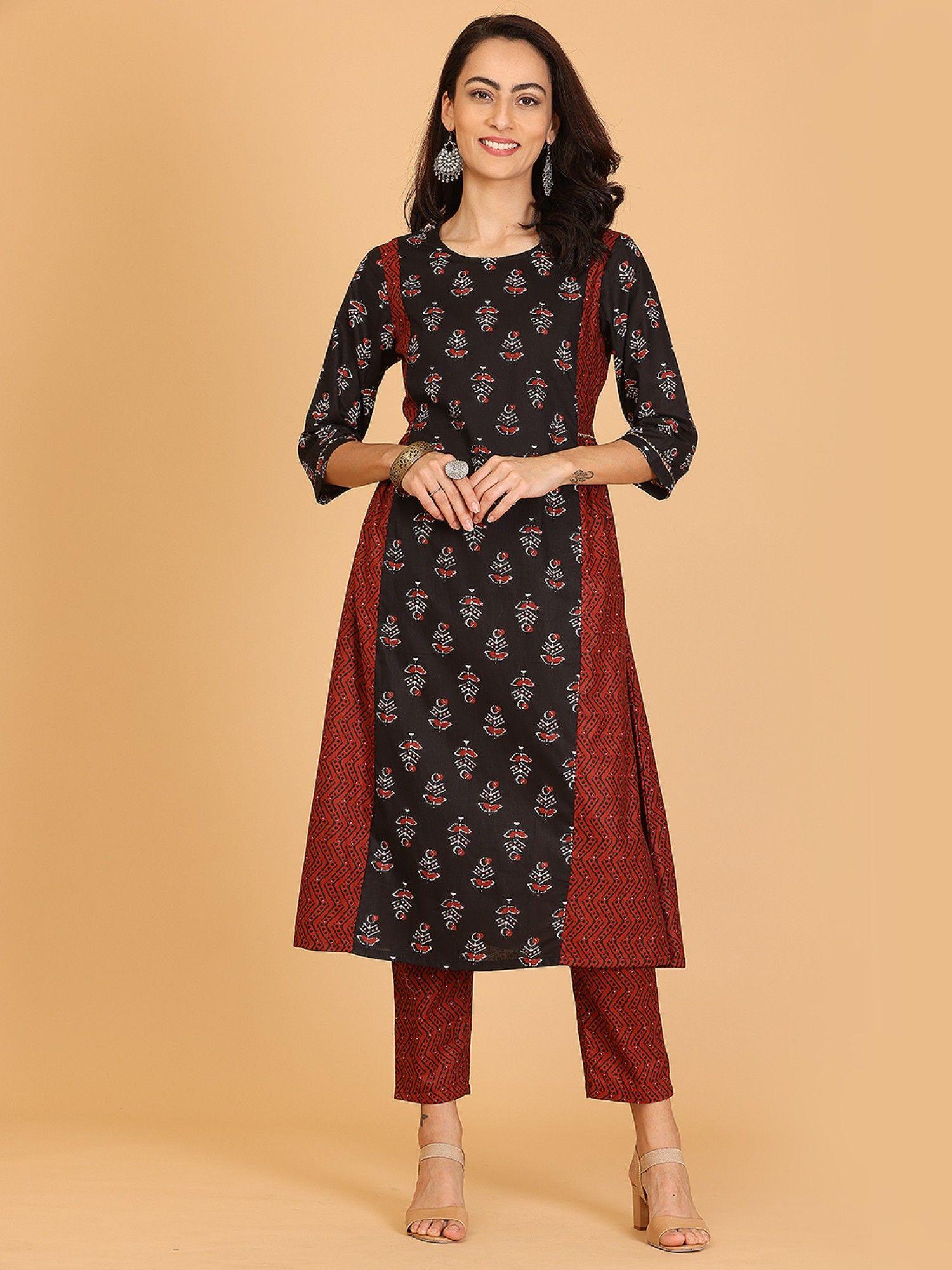 black maroon solid side gather kurta with pant (set of 2)