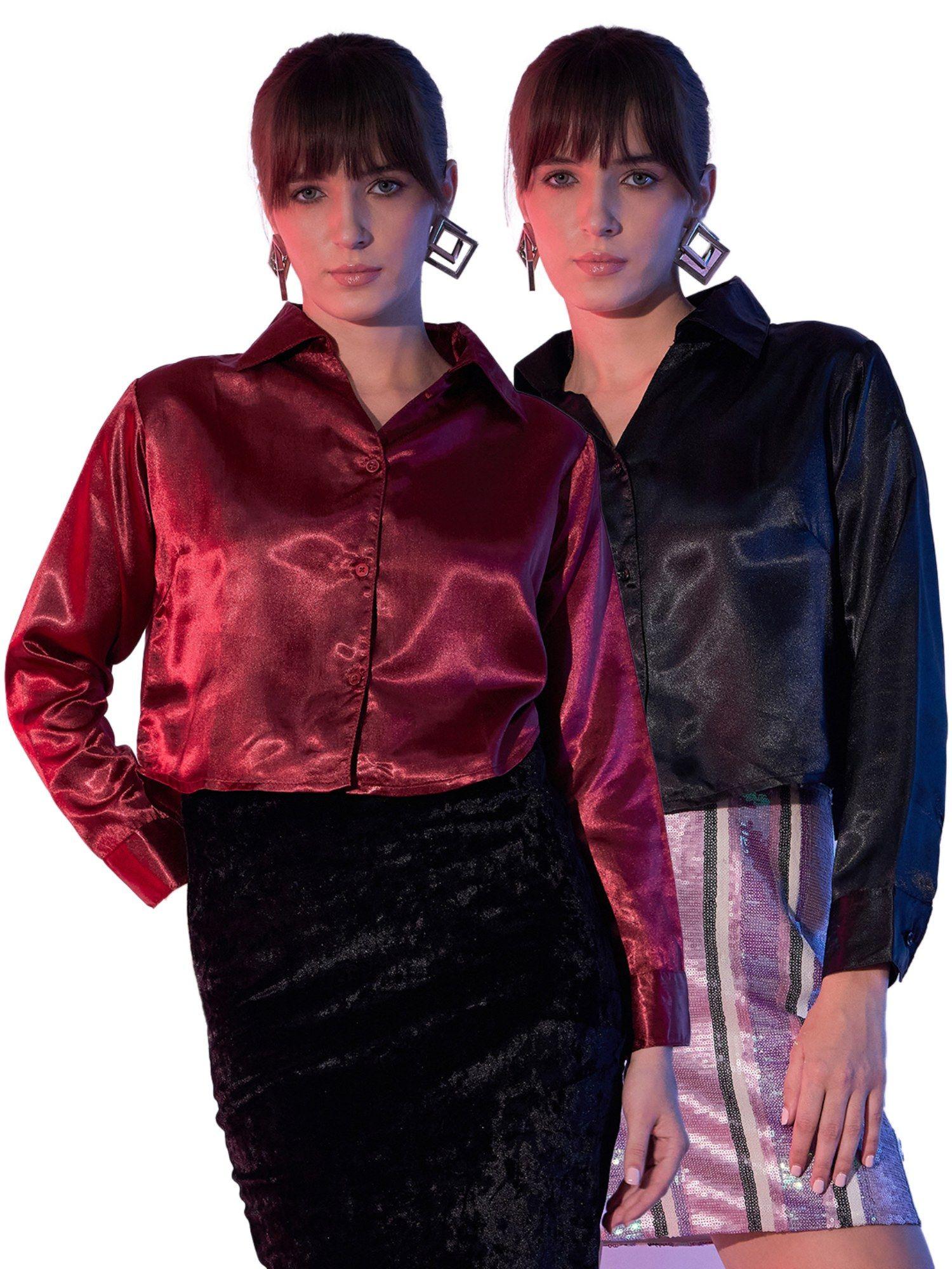 black maroon womens cropped satin shirts combo (pack of 2)