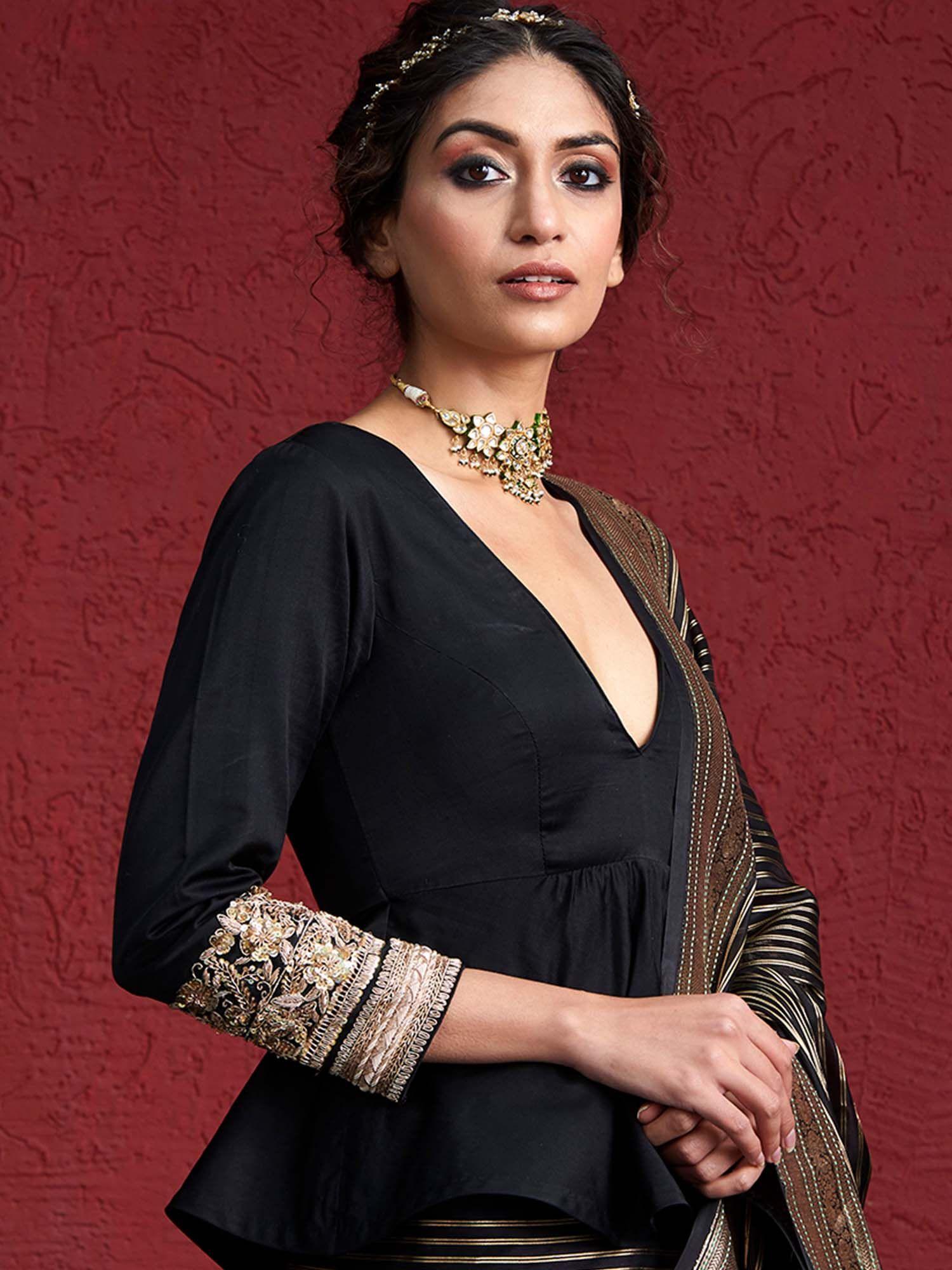 black mashroo silk blouse with zardozi embroidered sleeves