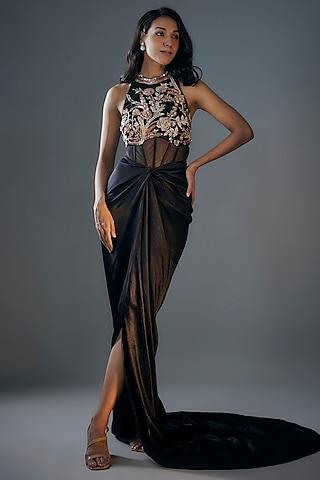 black mashru silk & net hand embroidered corset gown