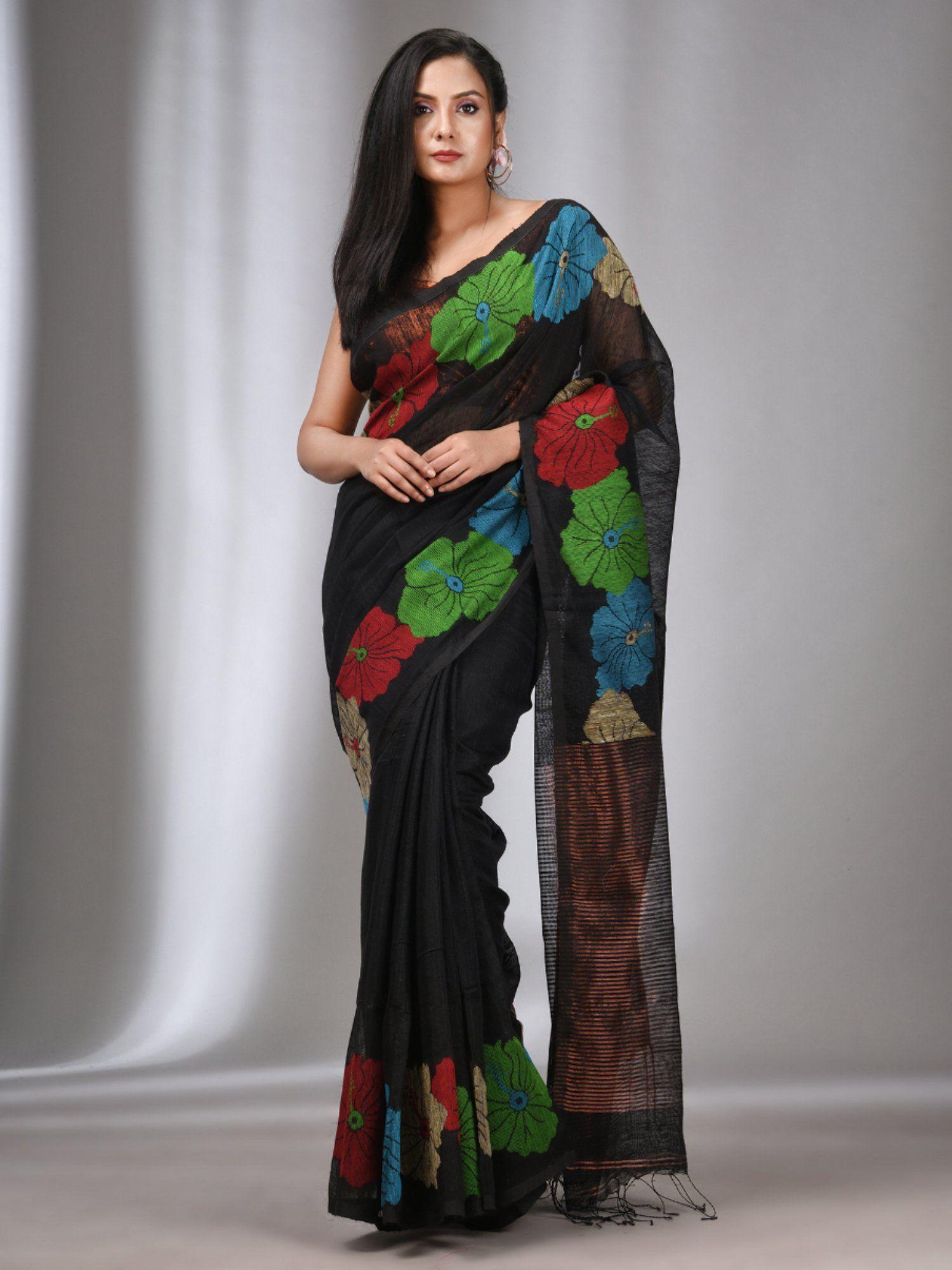 black matka handwoven saree with flower border with unstitched blouse