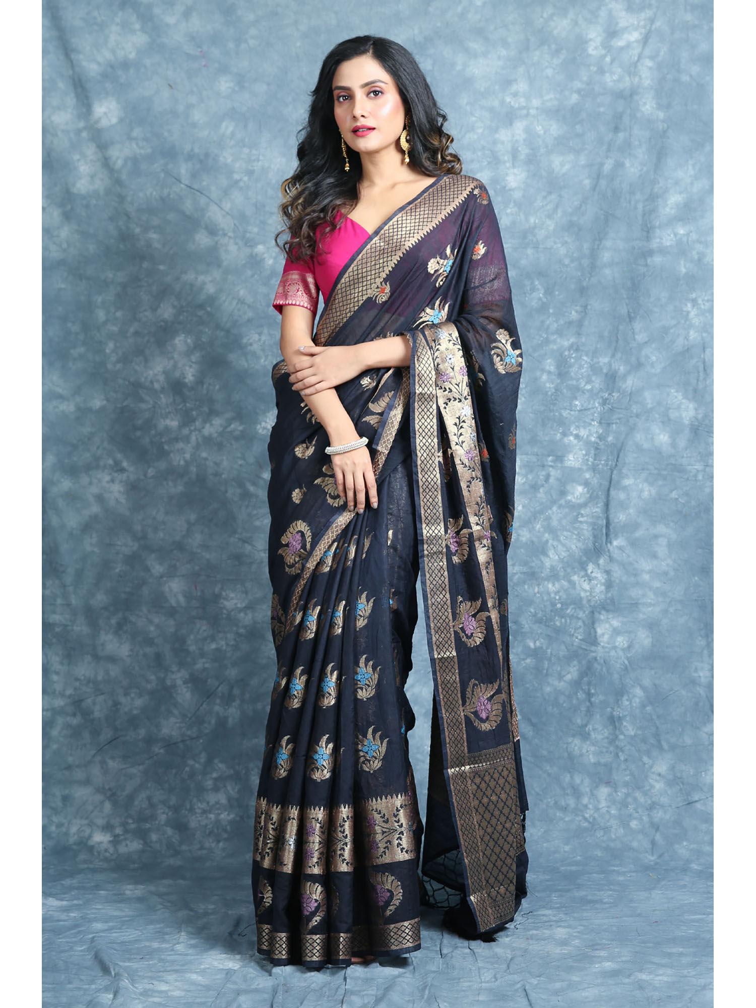 black matka silk soft saree with unstitched blouse