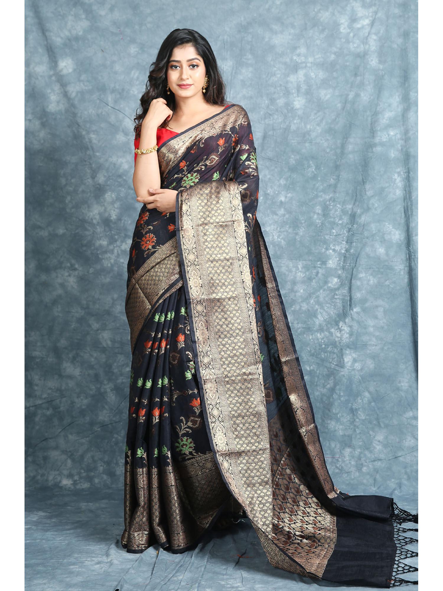 black matka silk soft saree with unstitched blouse