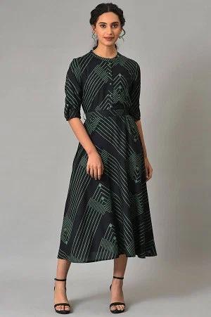 black matrix printed circular shirt dress with belt