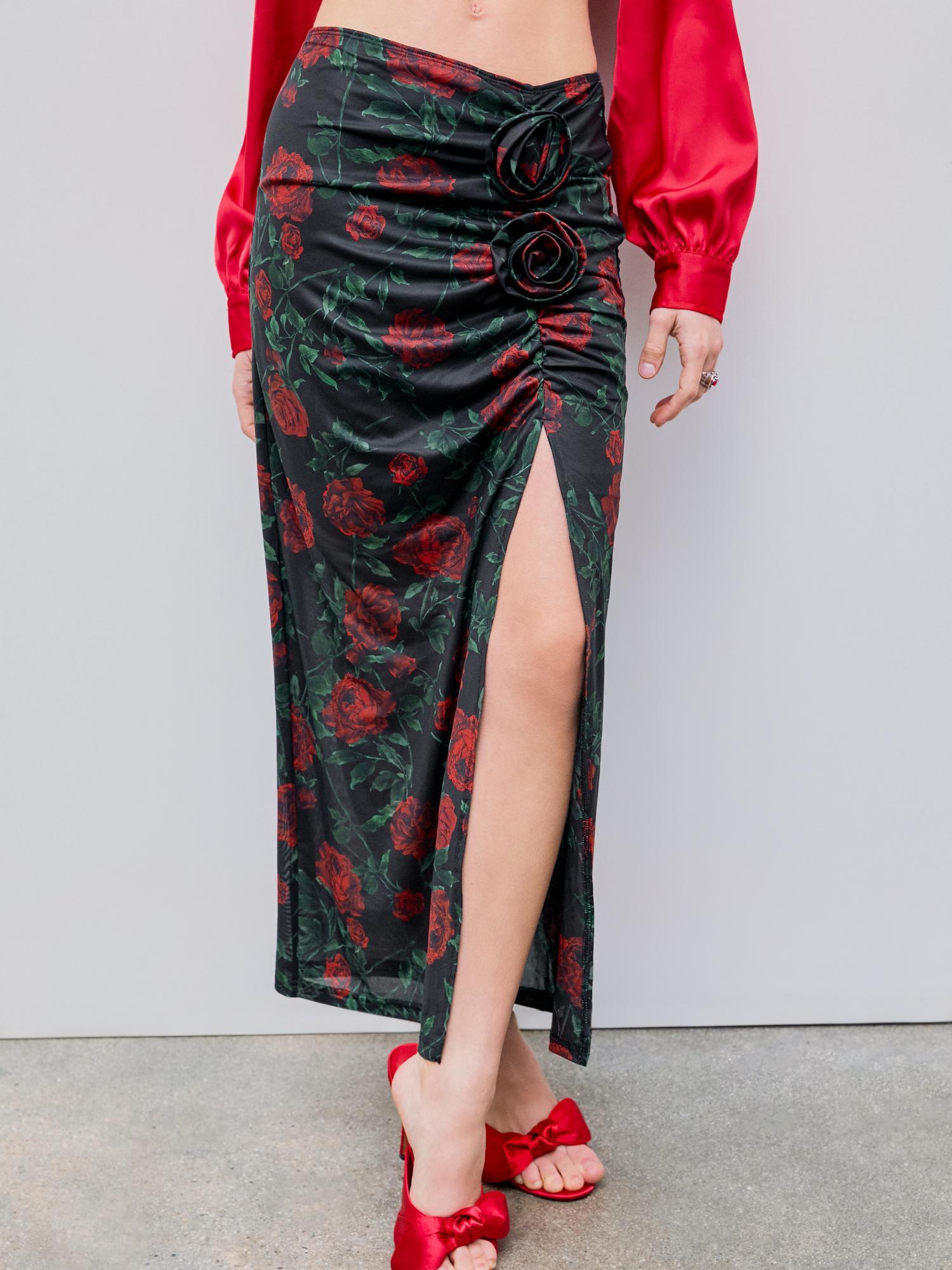 black mesh mid rise floral split maxi skirt