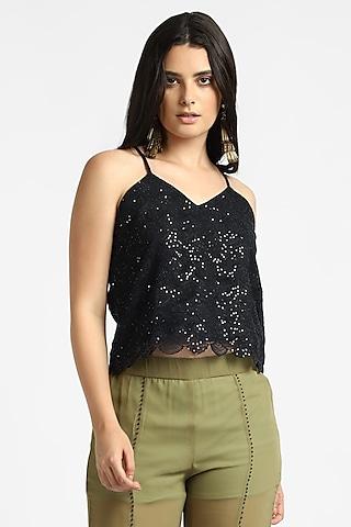 black mesh sequin embroidered cami top