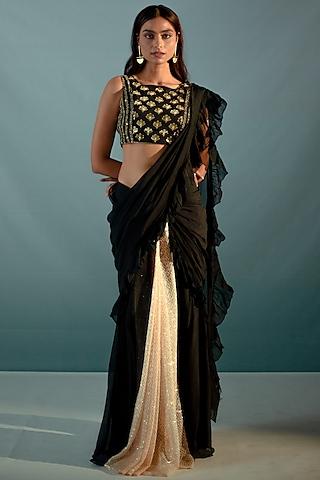 black mesh sequins & organza concept ruffled saree set