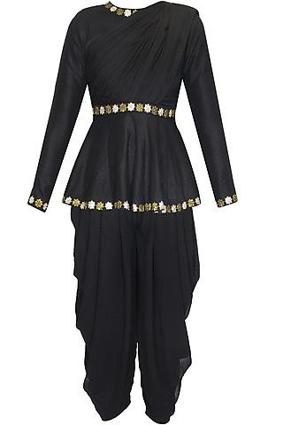 black metal star embroidered draped peplum kurta with black patiala