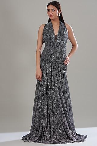 black metallic crinkle tulle draped gown