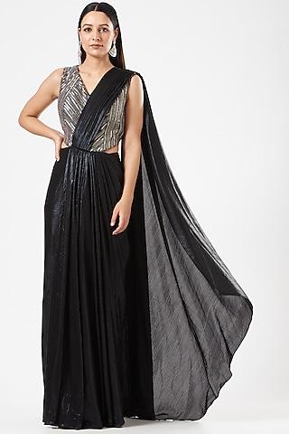 black metallic lycra cocktail gown saree