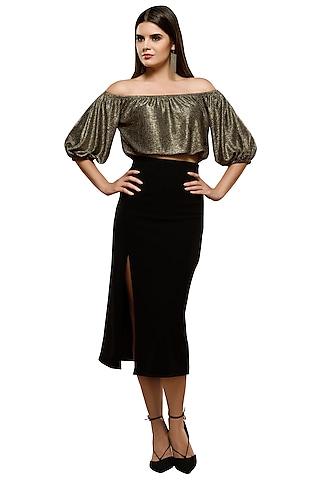 black metallic off shoulder top with slit skirt