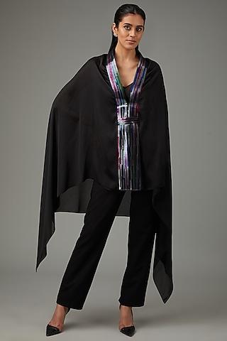 black metallic polymer & crepe chiffon cape set