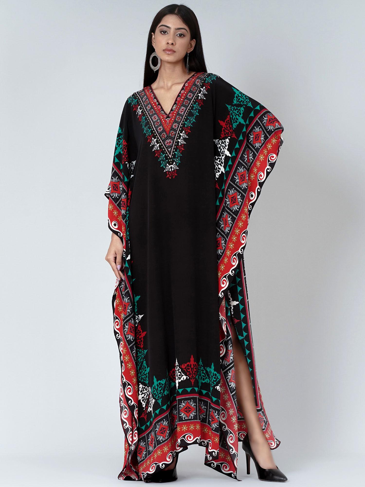 black mexican print embellished silk full length kaftan