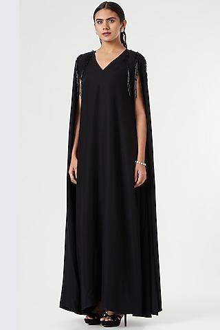 black micro poly cape dress