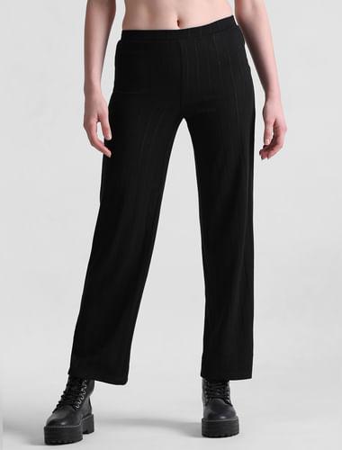 black mid rise knitted wide leg pants