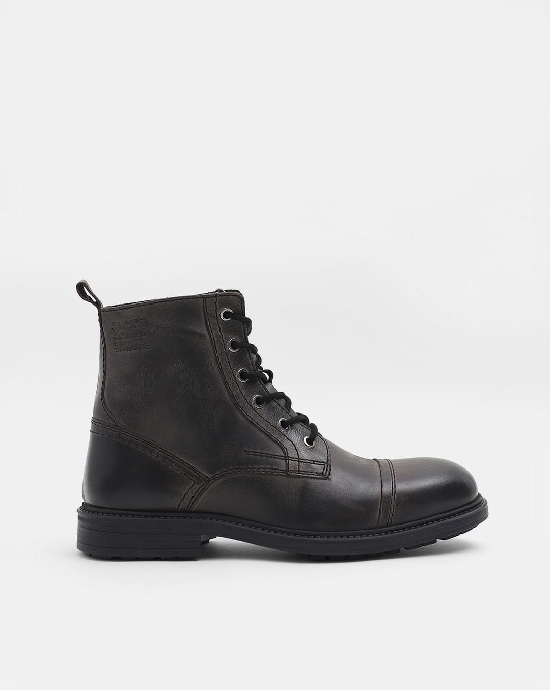 black mid-top leather boots