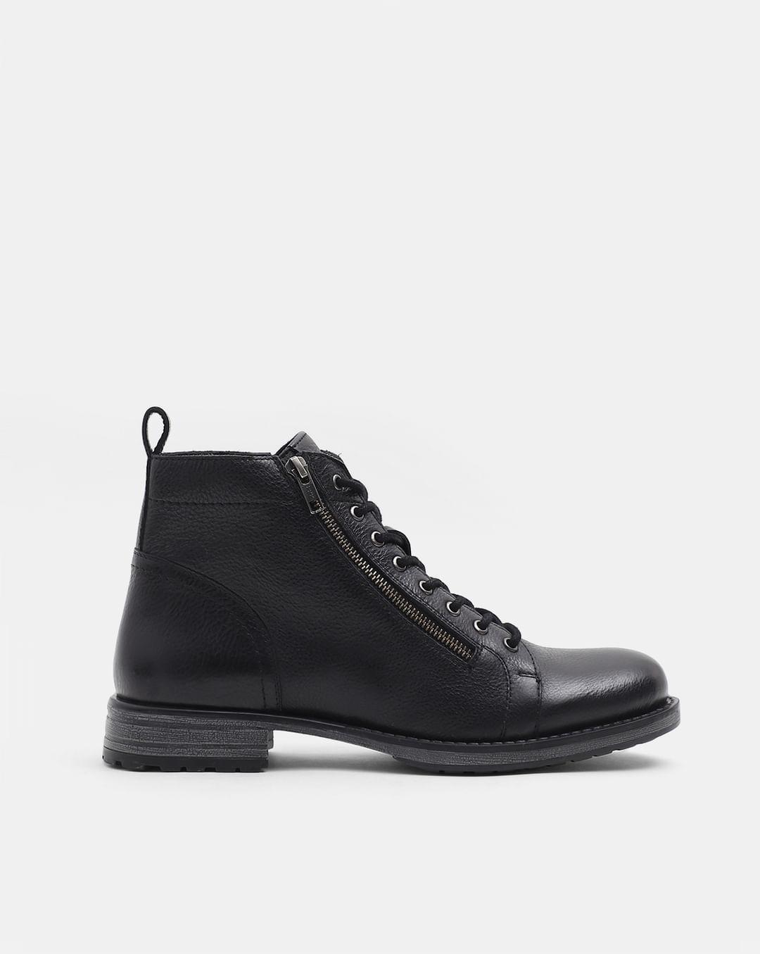 black mid-top premium leather boots