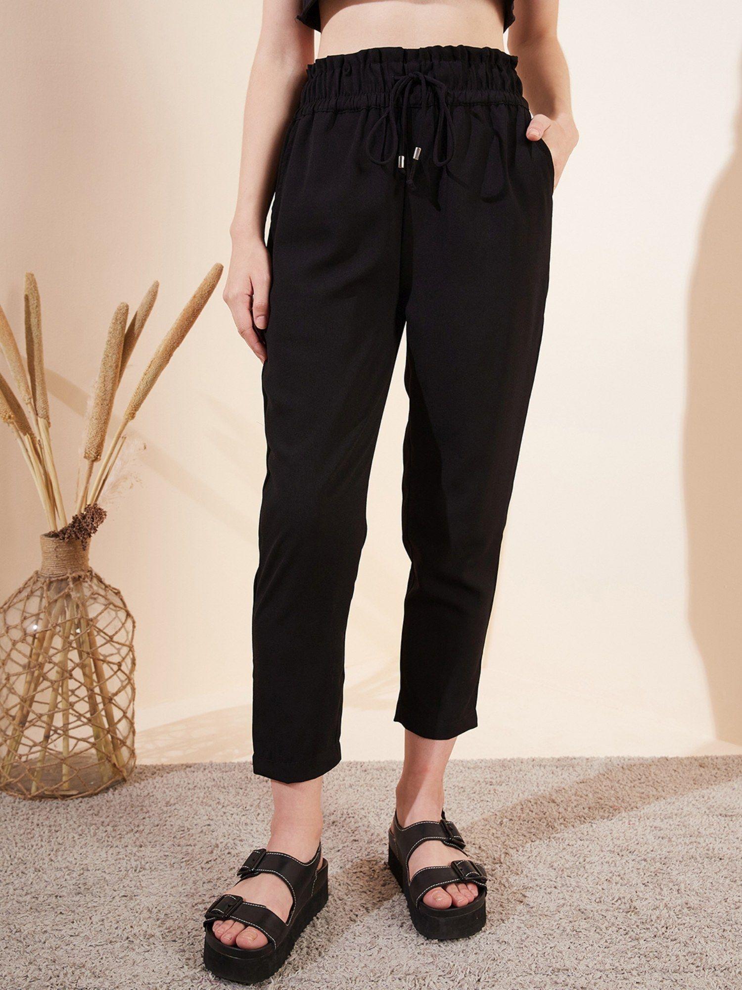 black mid waist straight trousers