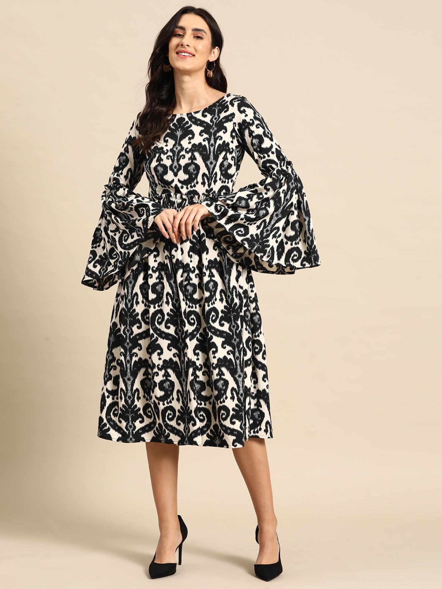 black midi dress with bell sleeve