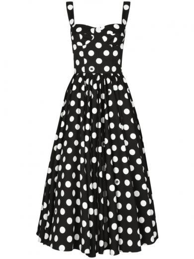 black midi dress with large polka dots