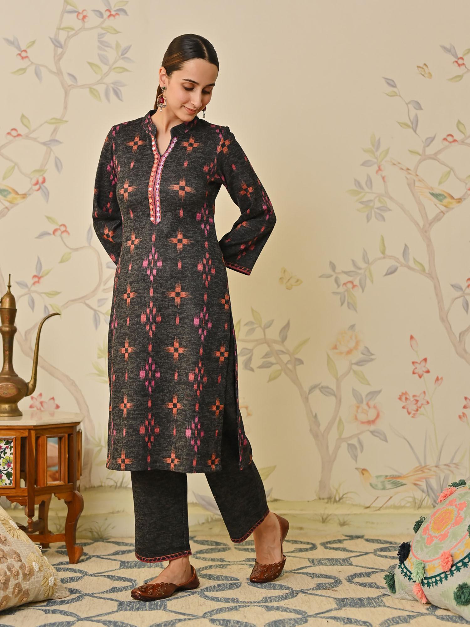 black mirror work & printed woollen kurta