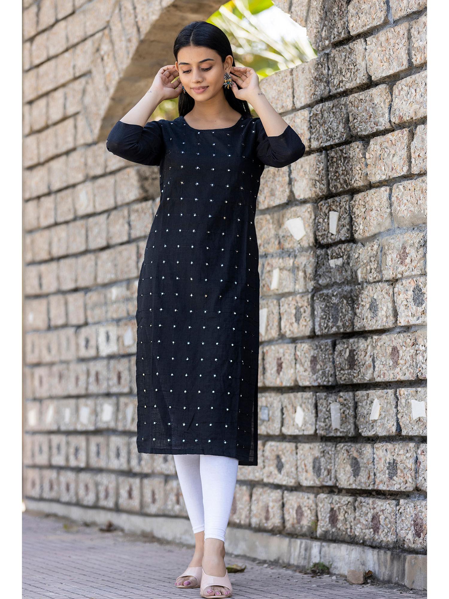 black mirror work cotton kurta