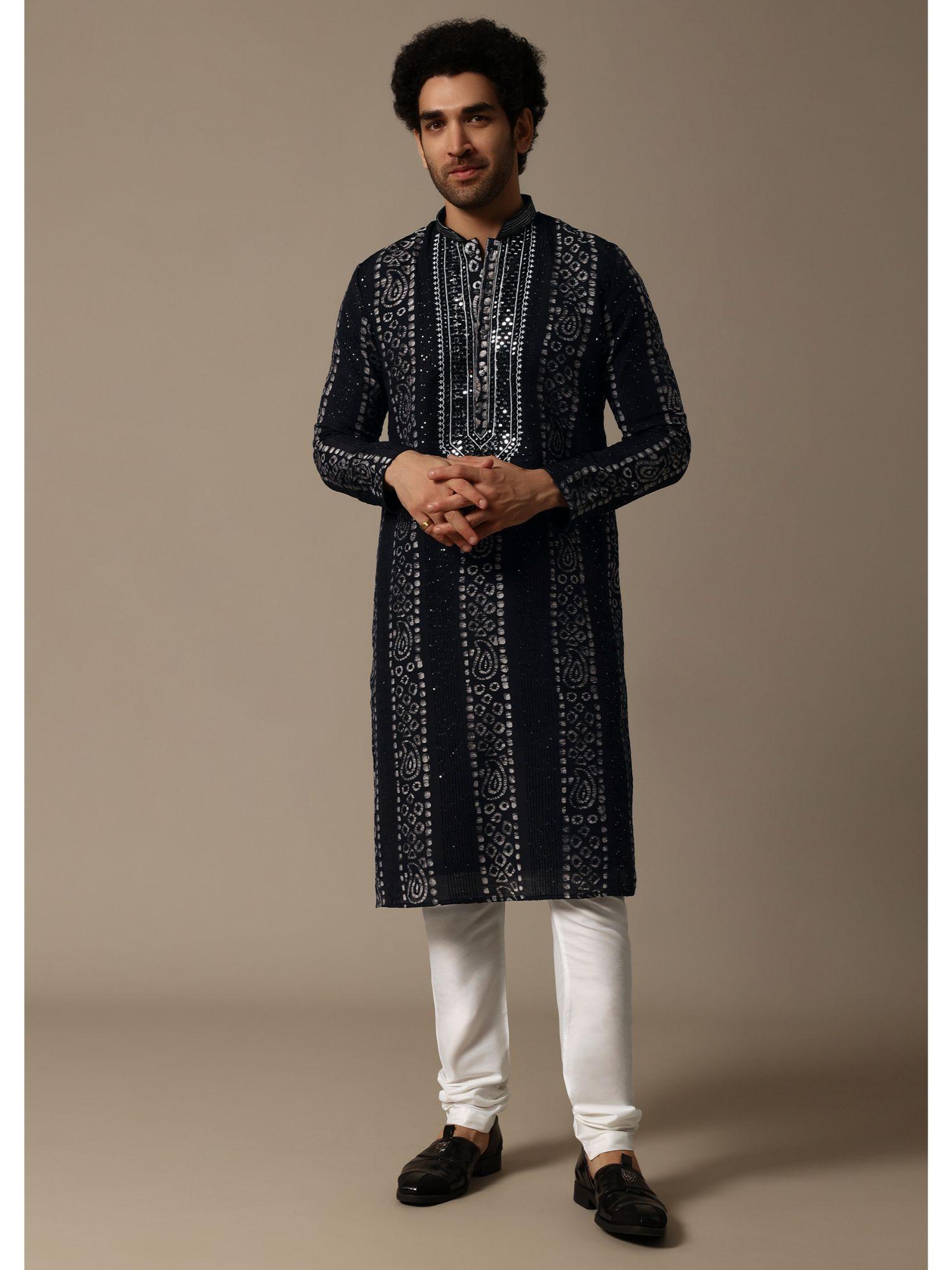 black mirror work silk kurta with churidar for men (set of 2)