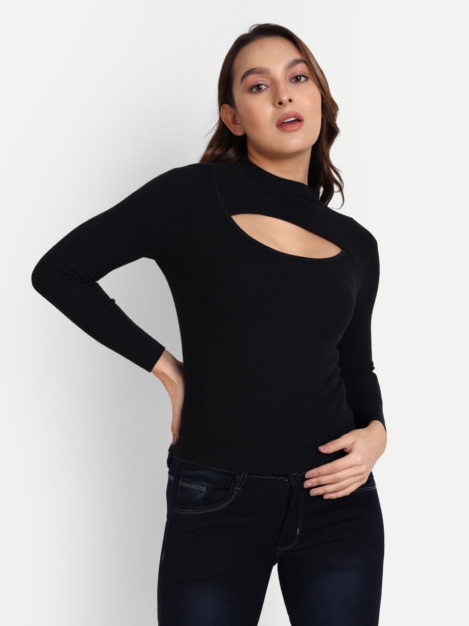 black mock neck pullover with cutout detailing