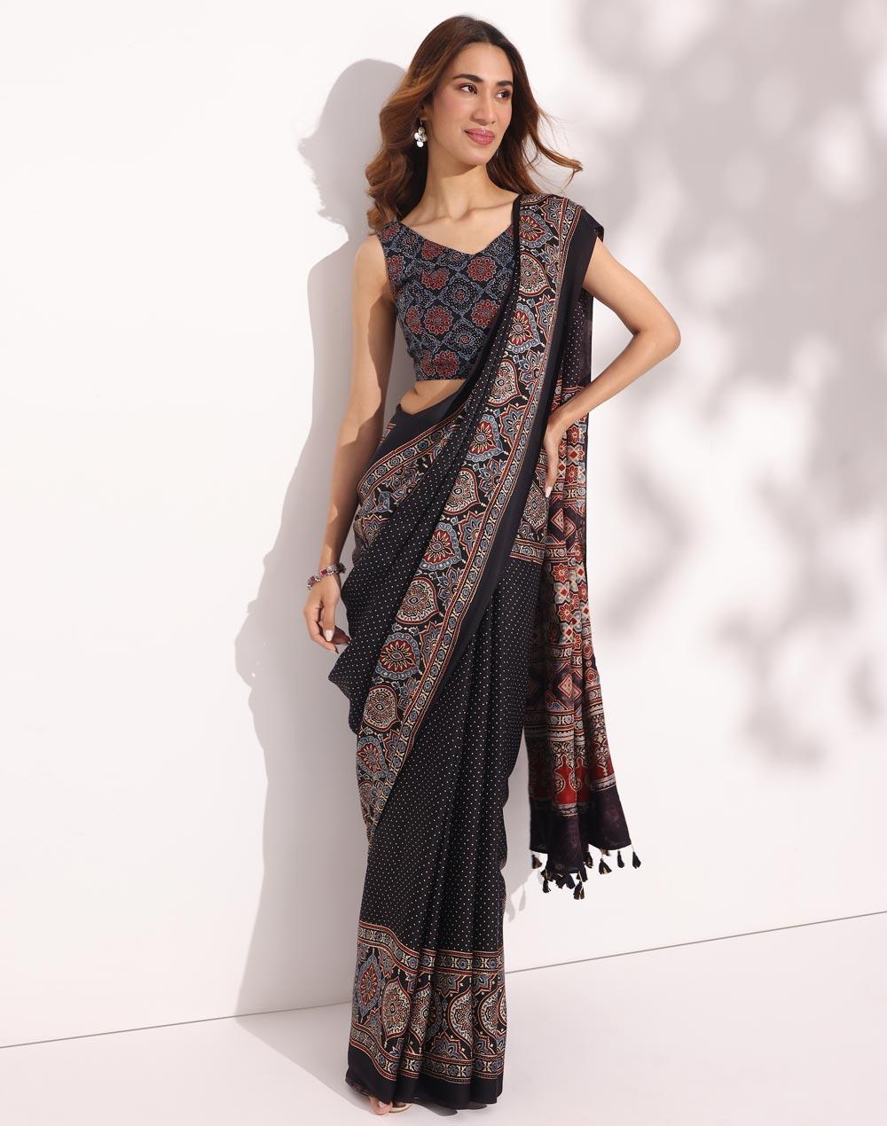 black modal  ajrakh printed sari