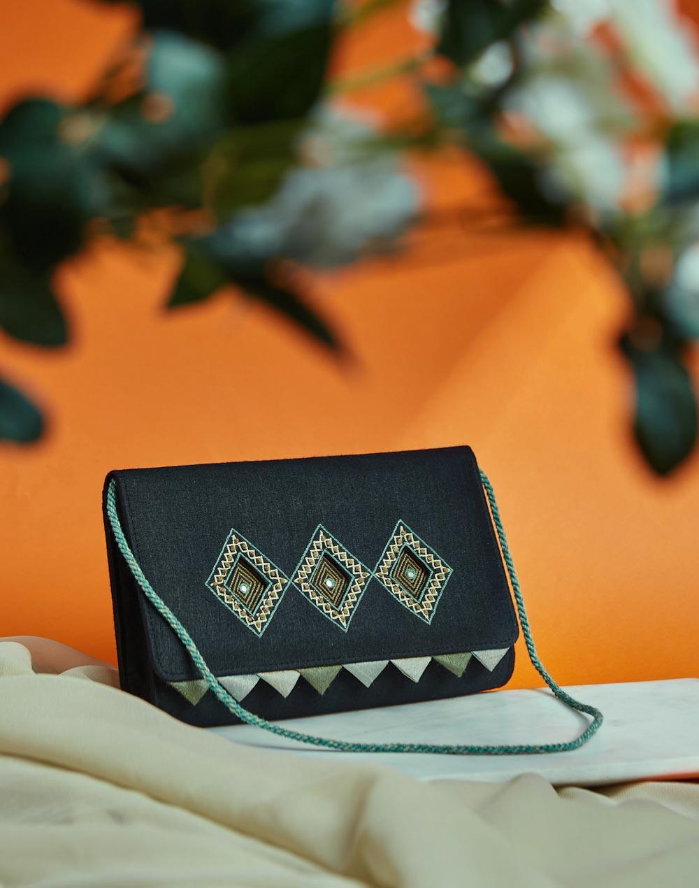 black modal hand embroidered clutch