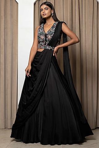 black modal satin draped lehenga set